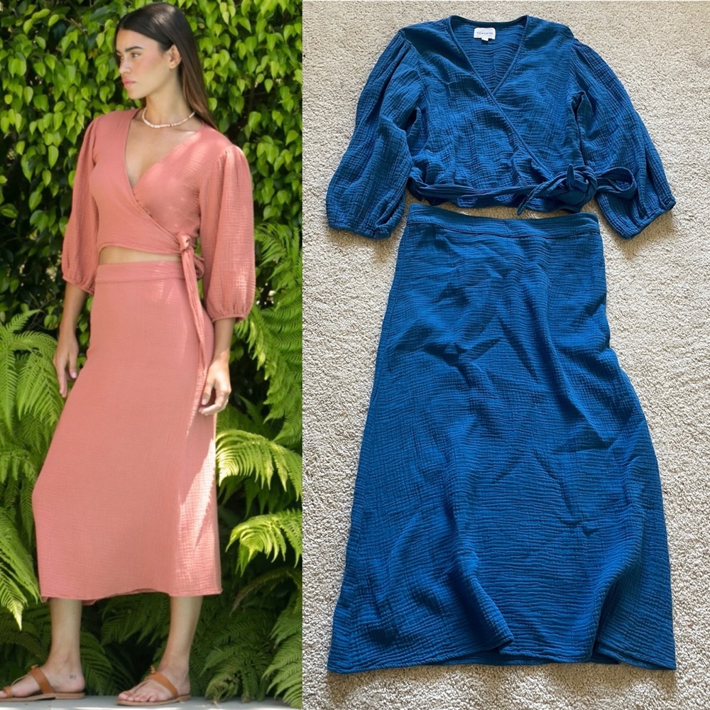 Honorine cotton wrap top and vivi skirt set blue size M L